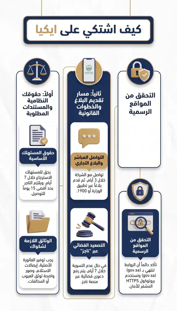 إنفوجرافيك يوضح كيف اشتكي على ايكيا والمدد النظامية لمعالجة البلاغ التجاري