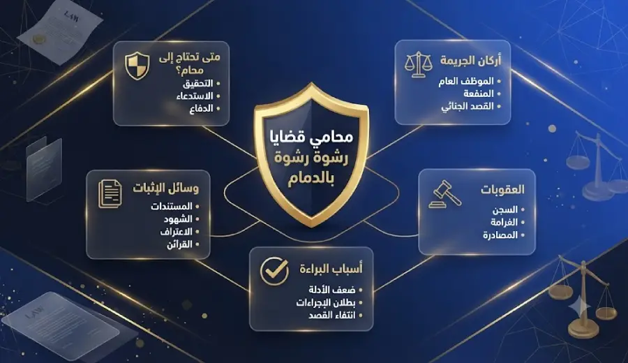 إنفوغرافيك يوضح دور محامي قضايا رشوة بالدمام، وأركان جريمة الرشوة، والعقوبات النظامية، ووسائل الإثبات، وأبرز أسباب البراءة وفق الأنظمة السعودية.