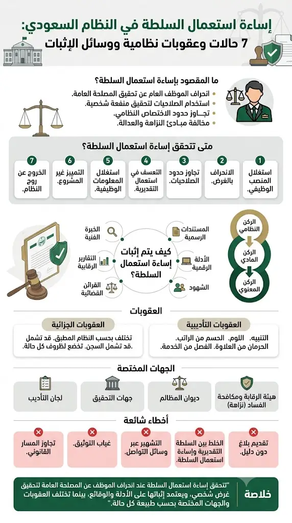 إساءة استعمال السلطة في النظام السعودي 2 إنفوغرافيك قانوني باللغة العربية بعنوان: 'إساءة استعمال السلطة في النظام السعودي: 7 حالات وعقوبات نظامية ووسائل الإثبات'