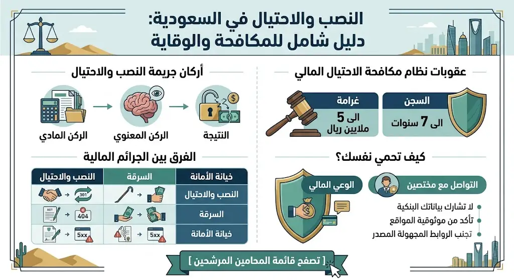 إنفوجرافيك يوضح أركان جريمة النصب والاحتيال في السعودية، الفرق بينها وبين السرقة وخيانة الأمانة، العقوبات المقررة، ونصائح للوقاية من الاحتيال المالي.