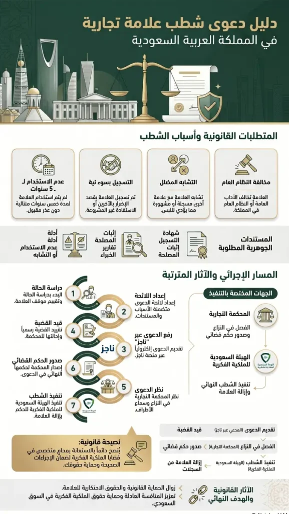 مستندات قانونية توضح خطوات رفع دعوى شطب علامة تجارية لحماية الملكية الفكرية.