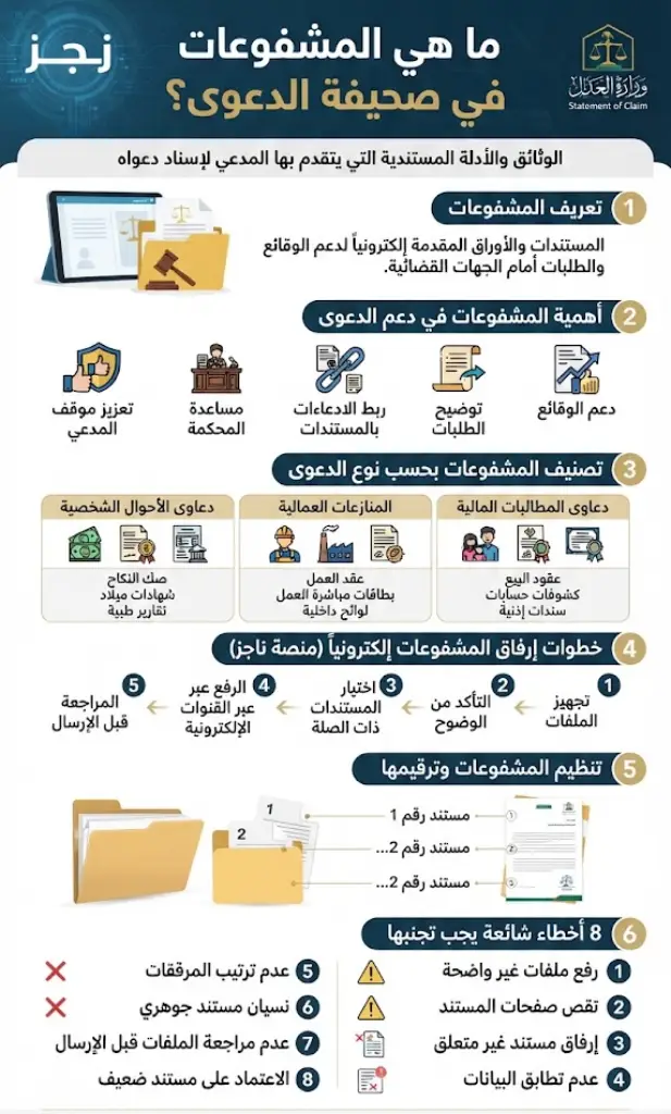 مخطط معلوماتي (إنفوجرافيك) بعنوان "ما هي المشفوعات في صحيفة الدعوى؟" يوضح بالتفصيل تعريف المشفوعات، أهميتها، تصنيفاتها حسب نوع القضية (مالية، عمالية، أحوال شخصية)