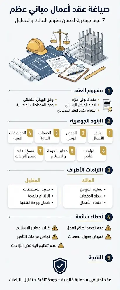 صياغة عقد اعمال مباني عظم 2 إنفوغرافيك يوضح خطوات صياغة عقد اعمال مباني عظم في السعودية، وأهم البنود القانونية مثل نطاق الأعمال، الجدول الزمني، الدفعات المالية، معايير الجودة، وغرامات التأخير لحماية حقوق المالك والمقاول.