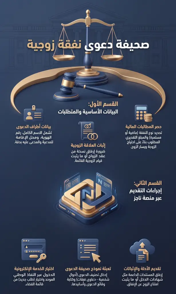 نموذج وخطوات تقديم صحيفة دعوى نفقة زوجية عبر منصة ناجز وفق نظام الأحوال الشخصية السعودي.