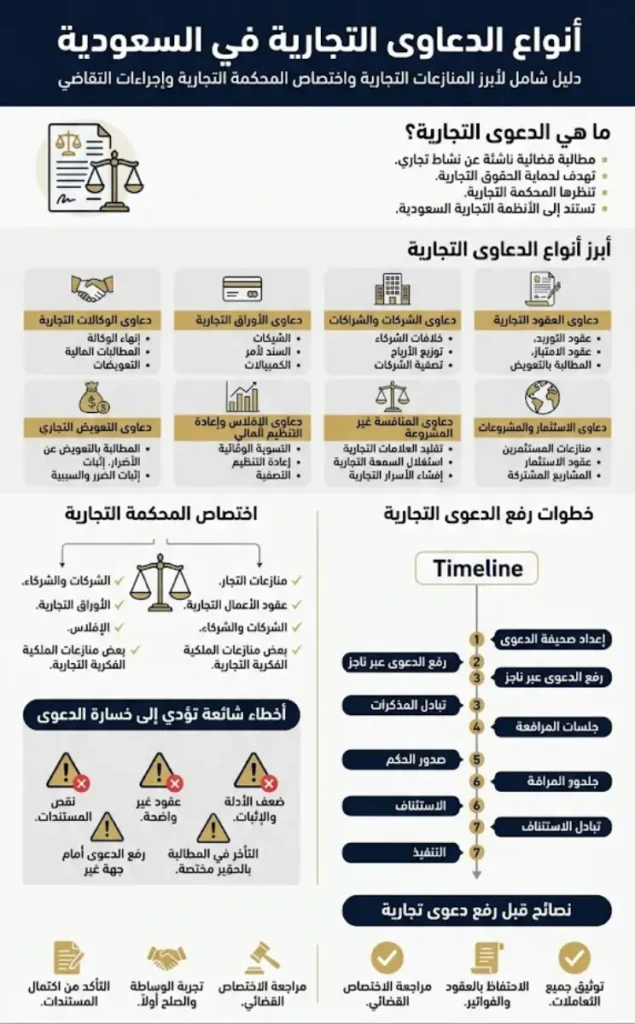تصميم إنفوجرافيك احترافي شامل بعنوان انواع الدعاوى التجارية في السعودية"، يوضح الأقسام الرئيسية للمنازعات، خطوات التقاضي، الأخطاء الشائعة، والنصائح القانونية للتجار والشركات.