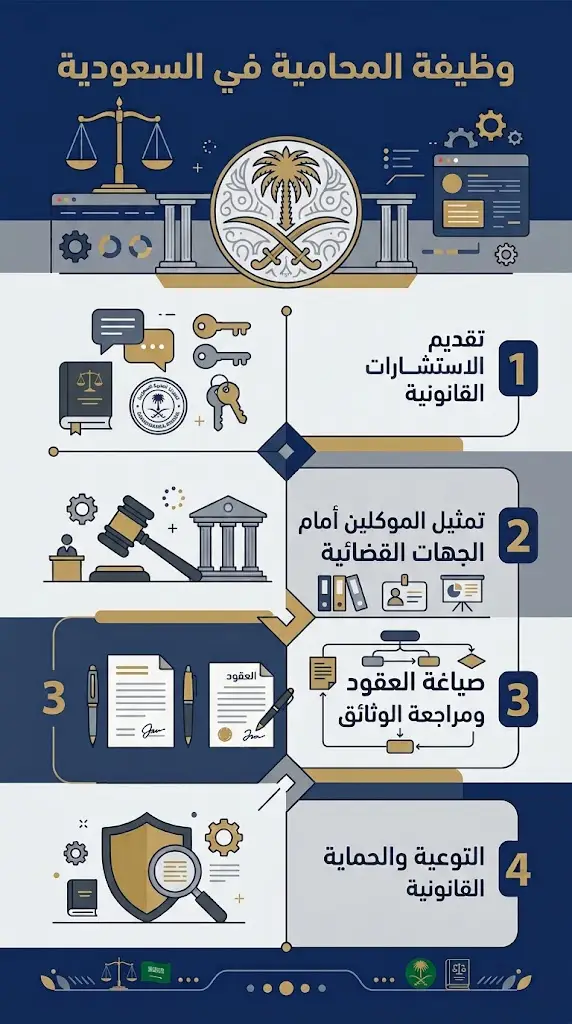 إنفوجرافيك يوضح مسارات واشتراطات وظيفة المحاميه في السعودية وترخيص وزارة العدل