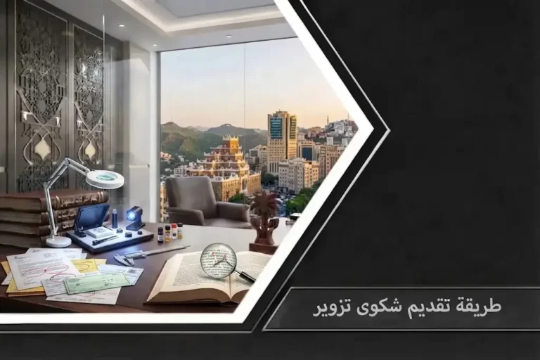 تصميم احترافي يعبر عن طريقة تقديم شكوى تزوير والمسارات النظامية والجزائية المعتمدة