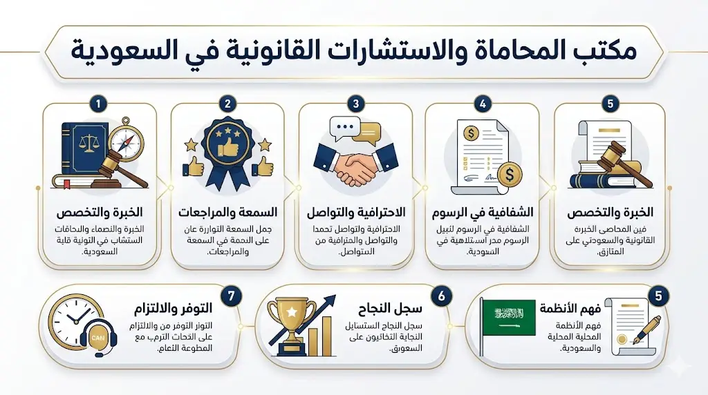 مكتب المحاماة والاستشارات القانونية يقدم خدمات الاستشارات القانونية والترافع وإعداد العقود وتمثيل الأفراد والشركات وفق الأنظمة السعودية.