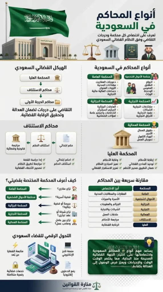 إنفوغرافيك تعليمي شامل يوضح أنواع المحاكم في السعودية، موضحاً الهيكل القضائي من محاكم الدرجة الأولى وصولاً إلى المحكمة العليا، مع شرح لاختصاصات المحاكم العامة، الأحوال الشخصية، الجزائية، التجارية، والعمالية، بالإضافة إلى آلية الاستئناف والتحول الرقمي في القضاء السعودي عبر منصة ناجز.