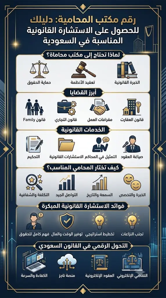 إنفوغرافيك يوضح رقم مكتب المحاميه في السعودية وأبرز القضايا والخدمات القانونية التي تقدمها المحامية المرخصة