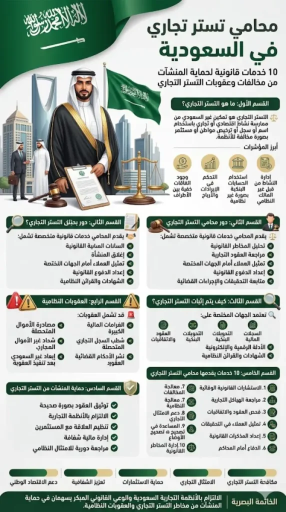 محامي تستر تجاري في السعودية يوضح إجراءات مكافحة التستر التجاري والعقوبات النظامية وطرق حماية المنشآت التجارية وفق الأنظمة السعودية مع ظهور علم المملكة العربية السعودية.