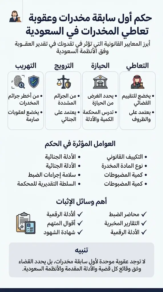 عقوبة تعاطي المخدرات في السعودية وحكم أول سابقة مخدرات 2 إنفوغرافيك يوضح حكم أول سابقة مخدرات وعقوبة تعاطي المخدرات في السعودية، مع بيان العوامل المؤثرة في تقدير العقوبة، والفرق بين التعاطي والحيازة والترويج والتهريب وفق الأنظمة السعودية.