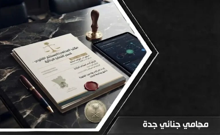 إنفوغرافيك يوضح خدمات محامي جنائي جدة ومراحل الدفاع في القضايا الجزائية داخل السعودية