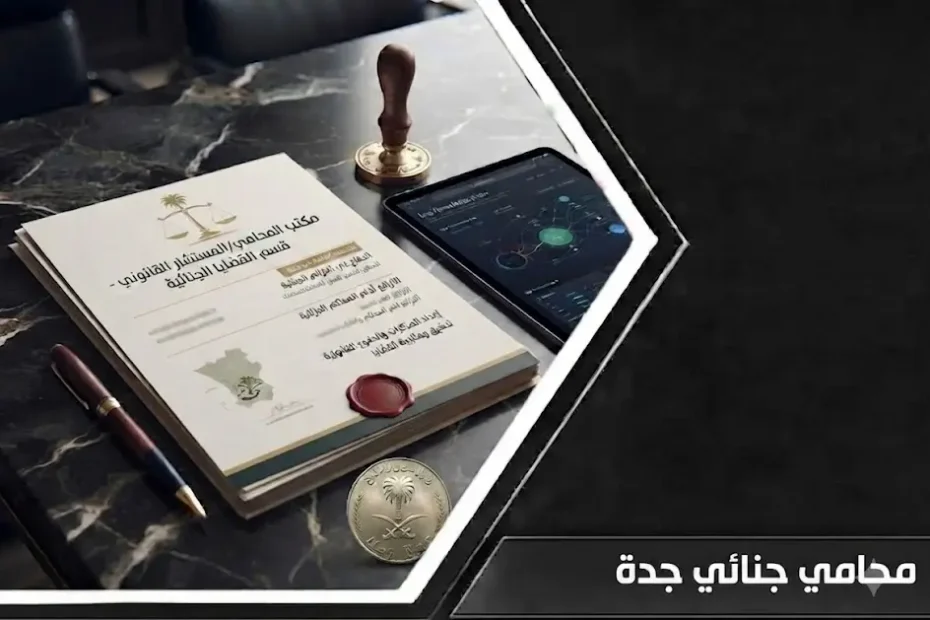 إنفوغرافيك يوضح خدمات محامي جنائي جدة ومراحل الدفاع في القضايا الجزائية داخل السعودية