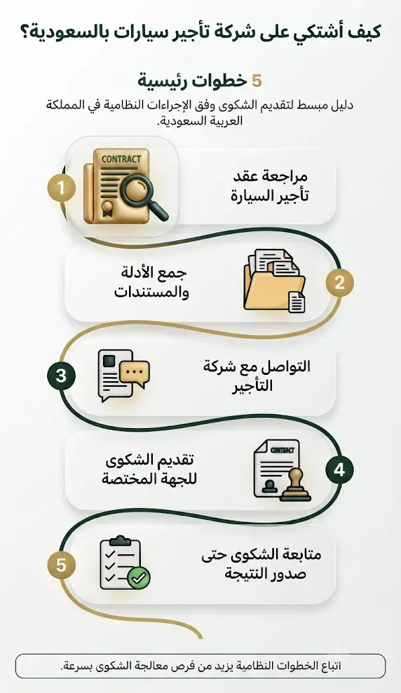 كيف أشتكي على شركة تأجير سيارات بالسعودية 2 إنفوغرافيك يوضح كيف أشتكي على شركة تأجير سيارات بالسعودية من خلال 5 خطوات رئيسية تبدأ بمراجعة عقد التأجير وتنتهي بمتابعة الشكوى وفق الإجراءات النظامية في المملكة العربية السعودية.