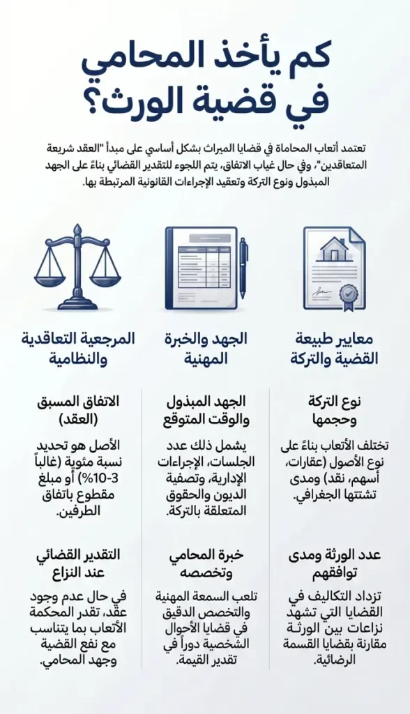 كم يأخذ المحامي في قضية الورث 2 إنفوغرافيك يوضح كم يأخذ المحامي في قضية الورث والـ 5 عوامل المحددة لأتعاب قضايا الميراث في السعودية