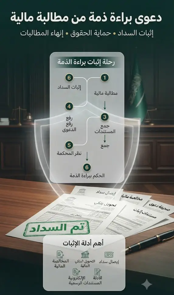 إنفوغرافيك يوضح دعوى براءة ذمة من مطالبة مالية في السعودية، ويعرض مراحل إثبات السداد، والمستندات المطلوبة،