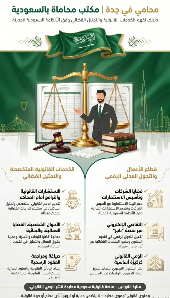 محامي في جدة مكتب محاماة بالسعودية يقدم استشارة قانونية مهنية لعميل حول الأنظمة السعودية.