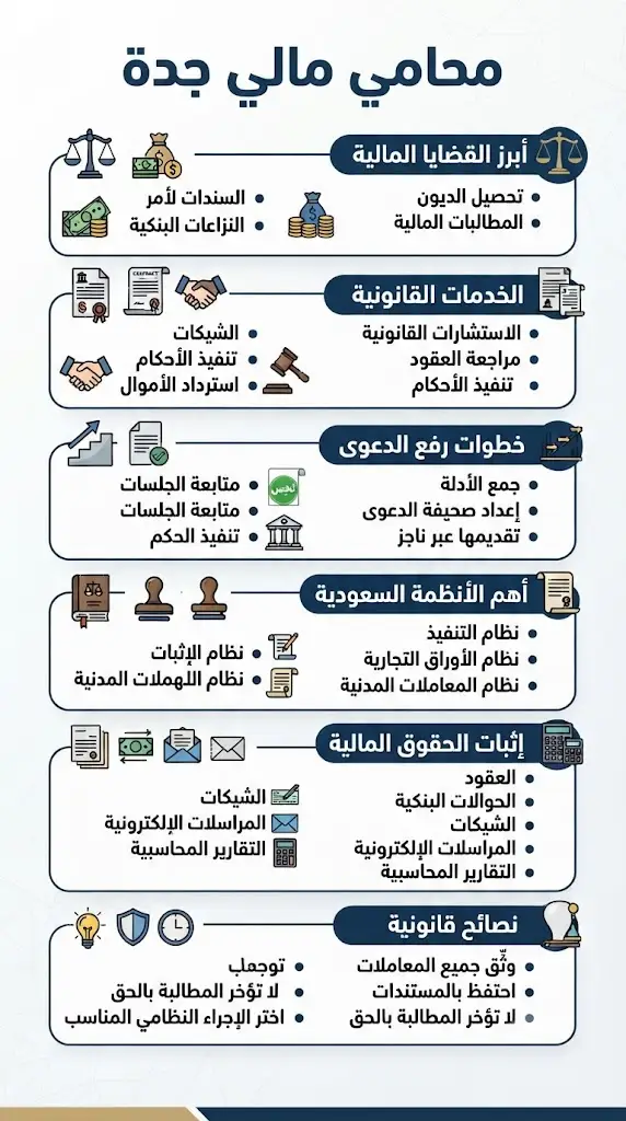 محامي مالي جدة 1 إنفوغرافيك يوضح دور محامي مالي جدة في القضايا المالية، وتحصيل الديون، واسترداد الأموال، وإجراءات رفع الدعاوى المالية وفق الأنظمة السعودية.