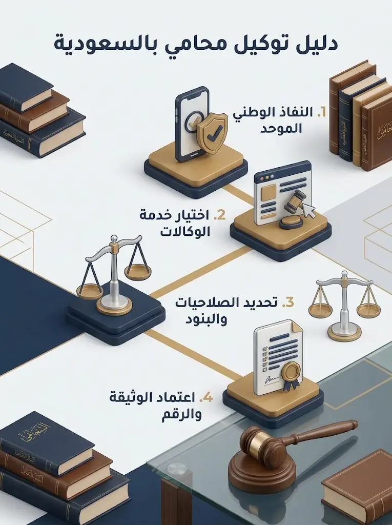 إنفوجرافيك يوضح 4 خطوات لإصدار توكيل محامي في السعودية عبر بوابة ناجز