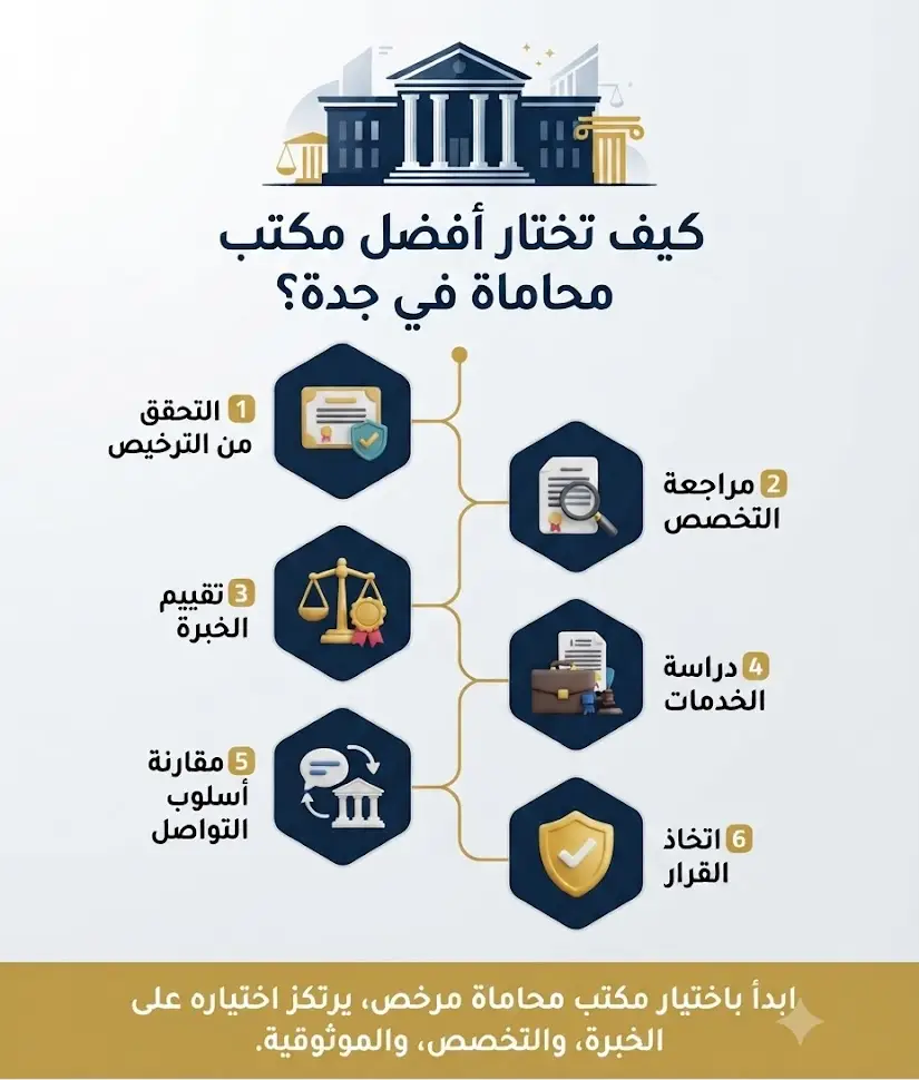 إنفوغرافيك يوضح خطوات اختيار أفضل مكاتب محاماة في جدة بداية من التحقق من الترخيص وحتى اتخاذ القرار المناسب.