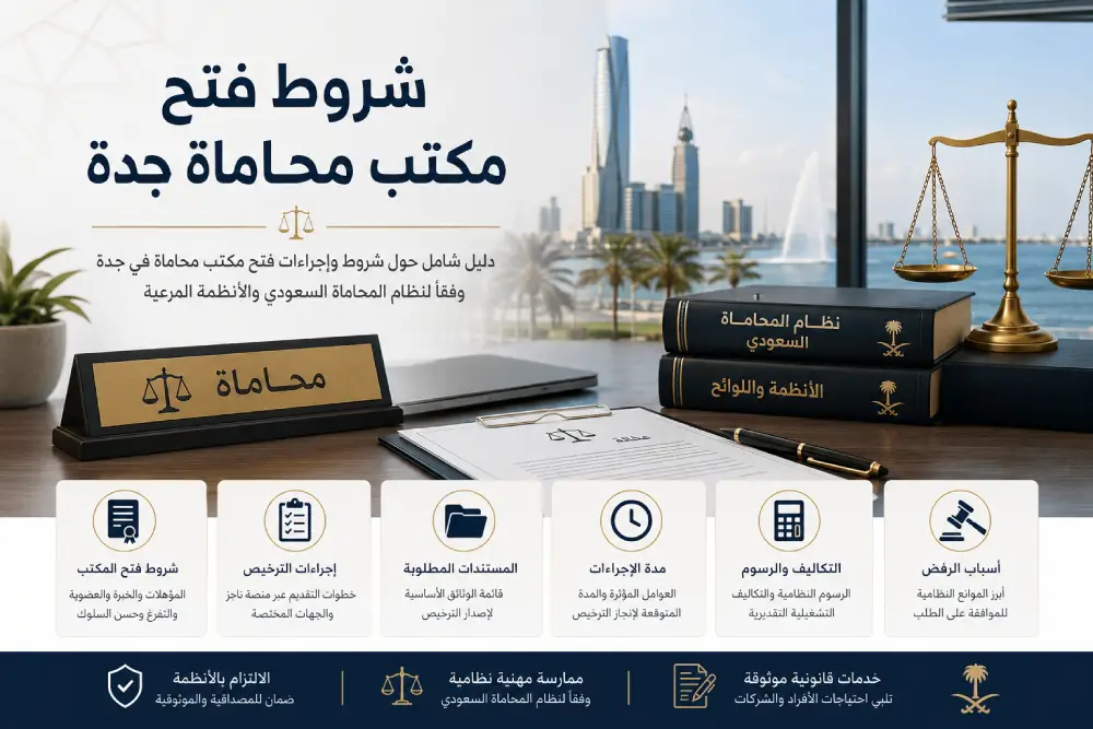 شروط فتح مكتب محاماة جدة 2 إنفوغرافيك يوضح شروط فتح مكتب محاماة جدة، ومتطلبات الترخيص، والمستندات اللازمة، وإجراءات تأسيس مكتب محاماة وفق نظام المحاماة السعودي.