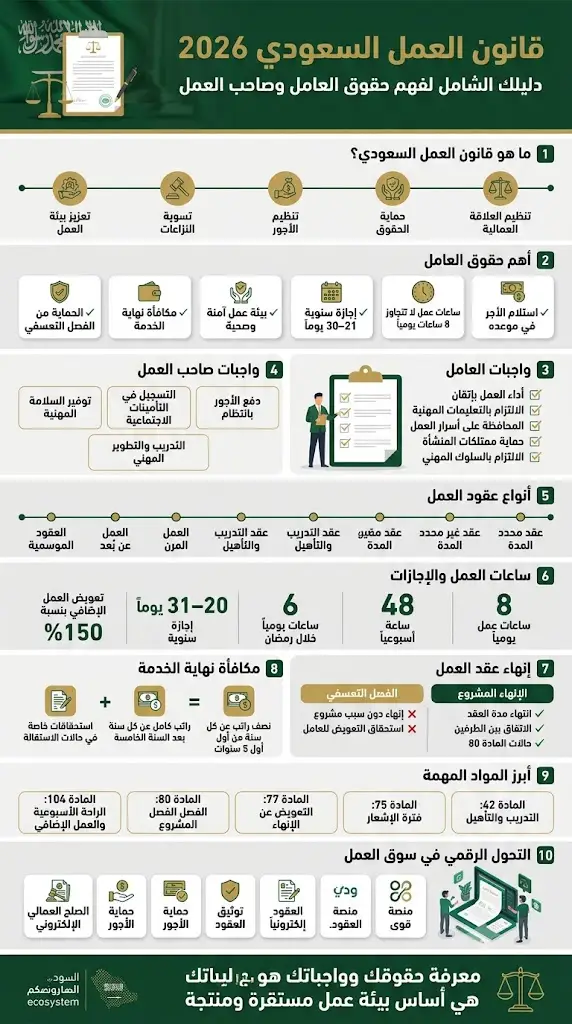إنفوغرافيك يوضح قانون العمل السعودي 2026 وأبرز حقوق العامل وواجبات صاحب العمل وساعات العمل والإجازات ومكافأة نهاية الخدمة