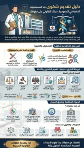 إنفوغرافيك يوضح خطوات تقديم شكوى على مستشفى خاص في السعودية بسبب خطأ طبي أو إهمال طبي وطرق المطالبة بالتعويض القانوني