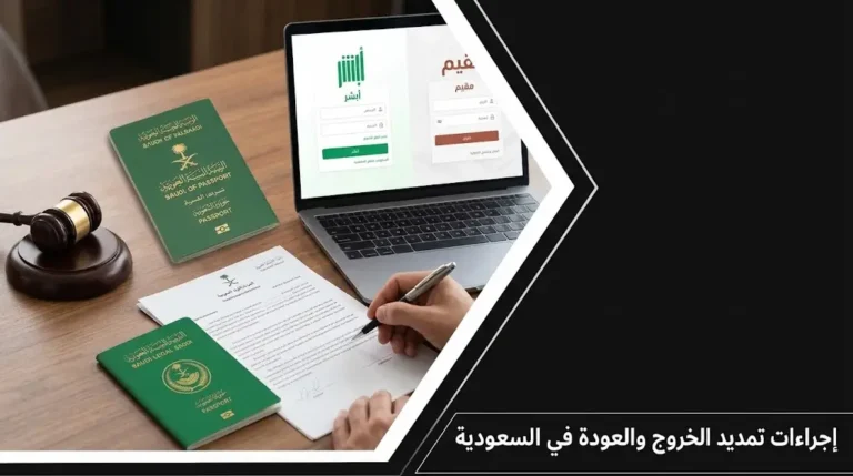 واجهة رقمية قانونية تشرح إجراءات تمديد الخروج والعودة في السعودية عبر منصتي أبشر ومقيم