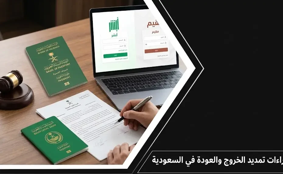 واجهة رقمية قانونية تشرح إجراءات تمديد الخروج والعودة في السعودية عبر منصتي أبشر ومقيم