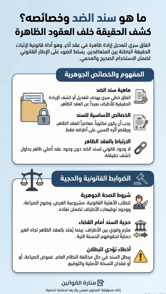 مخطط توضيحي يشرح ما هو سند الضد وخصائصه القانونية وكيفية استخدامه في إثبات الإرادة الحقيقية للمتعاقدين.