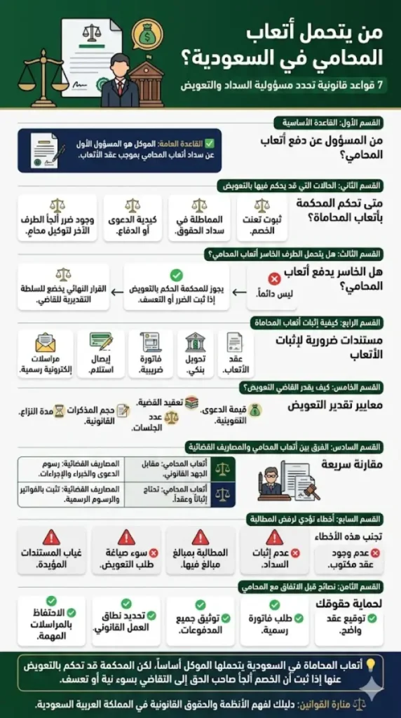 جدول توضيحي يجيب على سؤال من يتحمل أتعاب المحامي في السعودية والفرق بينها وبين المصاريف القضائية.