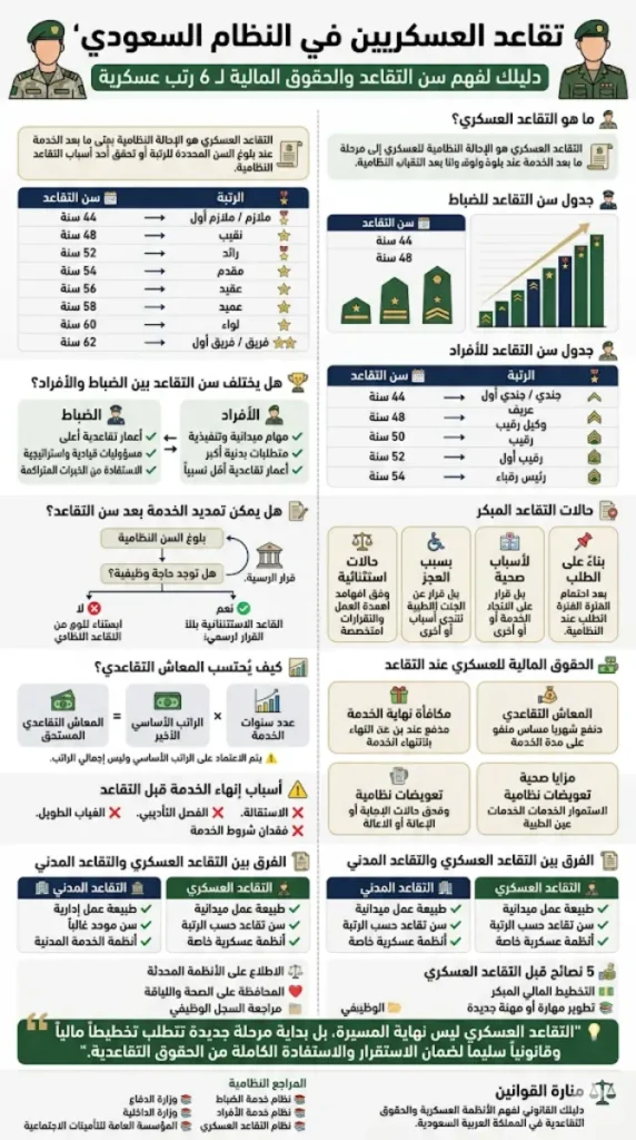 "إنفو غرافيك يوضح تقاعد العسكريين في النظام السعودي، متضمناً سن التقاعد لكل رتبة، الحقوق المالية، والإجراءات القانونية."