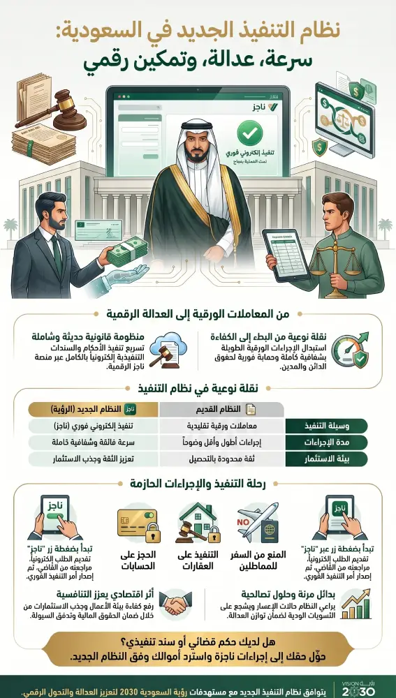 إنفوغرافيك يوضح نظام التنفيذ الجديد في السعودية، ويتضمن مقارنة بين النظام القديم والجديد، وخطوات تنفيذ الأحكام القضائية إلكترونياً عبر منصة ناجز، مع إبراز الحجز على الأموال والمنع من السفر واسترداد الحقوق بسرعة.