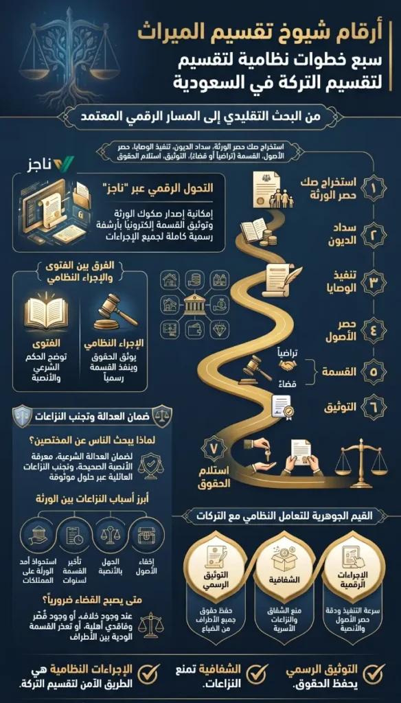 إنفوجرافيك يوضح الإجراءات النظامية لتقسيم التركة في السعودية بدلاً من البحث عن أرقام شيوخ تقسيم الميراث عبر الإنترنت.