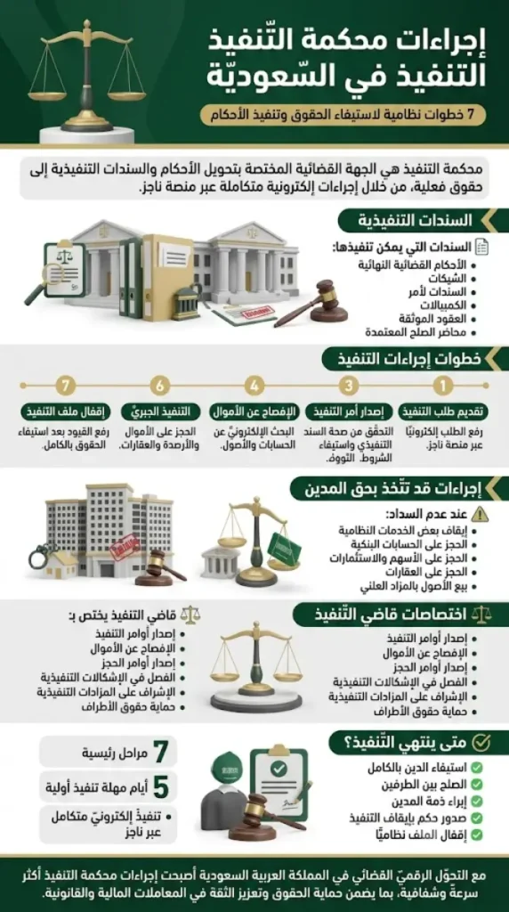 إنفوغرافيك يوضح إجراءات محكمة التنفيذ في السعودية بداية من تقديم طلب التنفيذ عبر ناجز وحتى الحجز والتنفيذ الجبري وإقفال ملف التنفيذ وفق نظام التنفيذ السعودي.