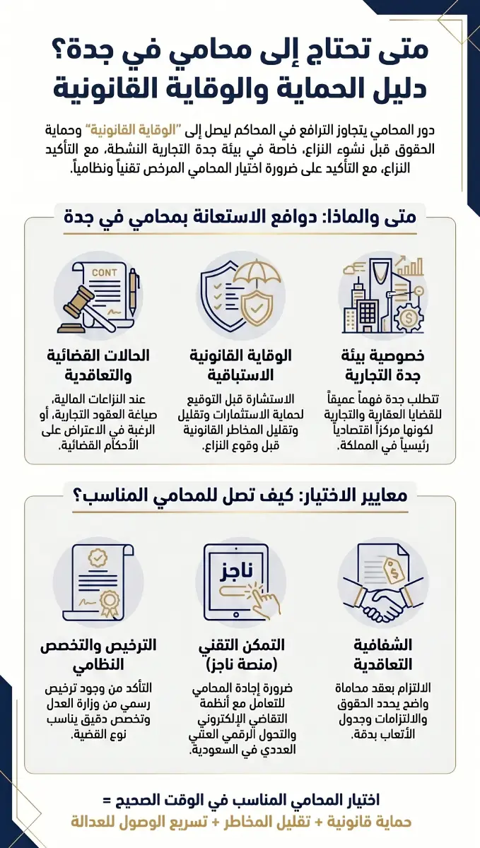 متى تحتاج إلى محامي في جدة وفق النظام السعودي ومعايير اختيار المحامي المناسب