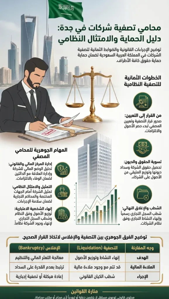 محامي تصفية شركات في جدة يوضح 8 ضوابط نظامية لإنهاء النشاط التجاري.