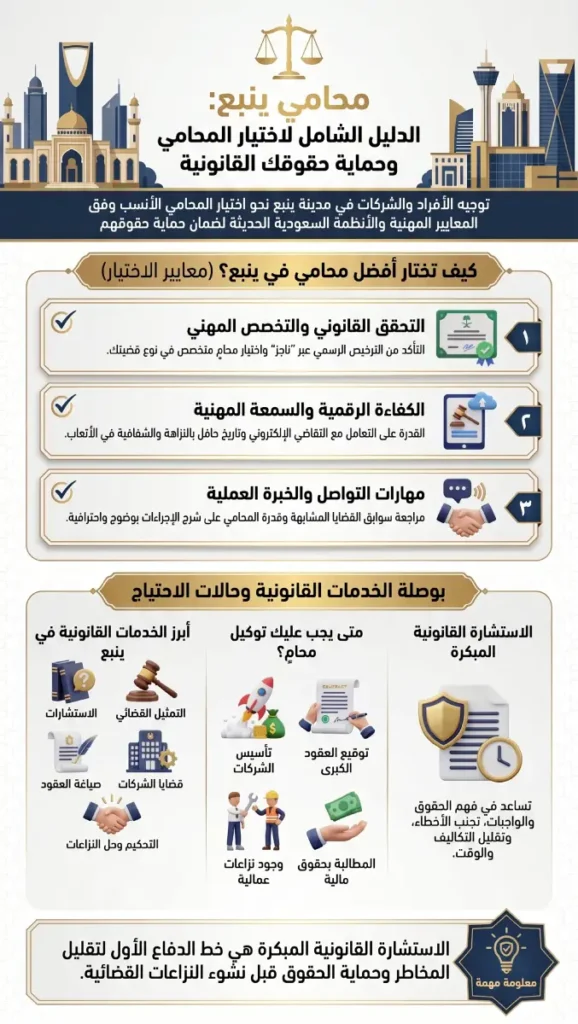محامي ينبع معتمد يقدم الدعم القانوني والتمثيل القضائي وفق الأنظمة السعودية.