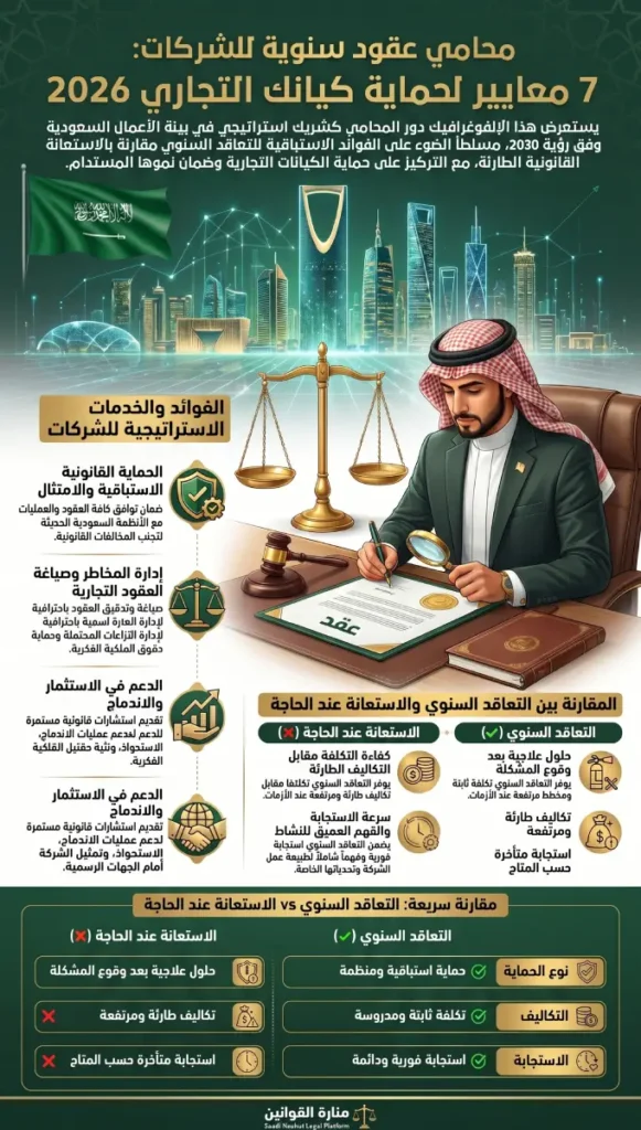 مستشار قانوني يقوم بمراجعة وثائق الشركة، يمثل دور محامي عقود سنوية للشركات في بيئة عمل احترافية بالمملكة.