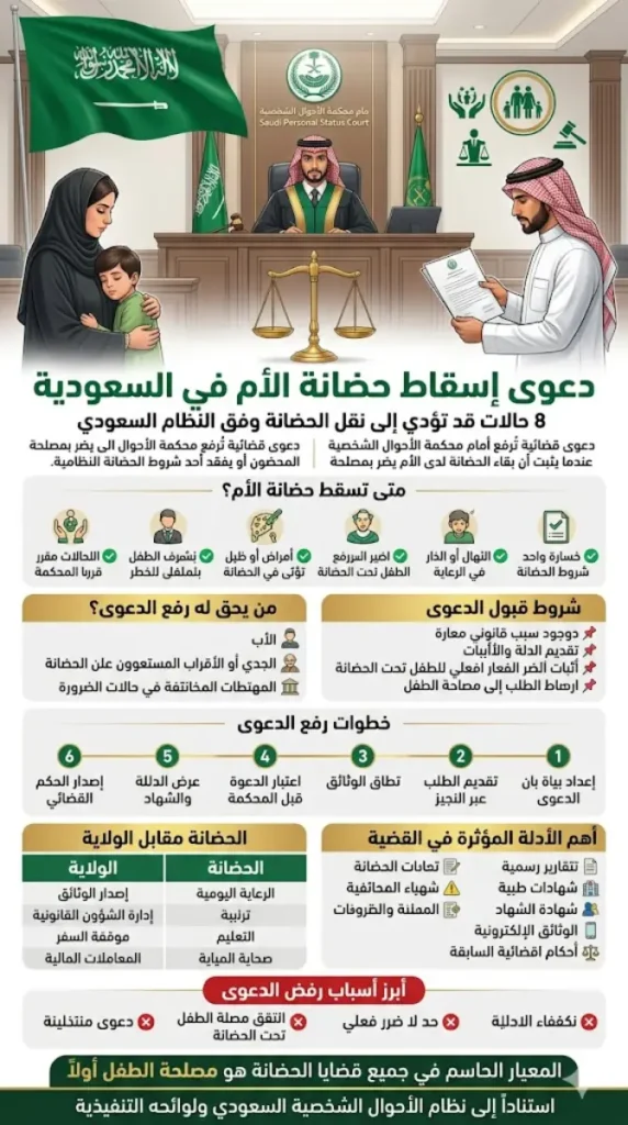 إنفوغرافيك قانوني تفصيلي باللغة العربية حول دعوى اسقاط حضانة الام في المملكة العربية السعودية. يظهر في الأعلى علم السعودية وقاضٍ في محكمة الأحوال الشخصية وأب وأم وطفل. يوضح التصميم شروط سقوط الحضانة، من يحق له رفع الدعوى، خطوات رفع القضية، الأدلة، ومقارنة الحضانة بالولاية وأسباب الرفض، بناءً على مصلحة الطفل ونظام الأحوال الشخصية.