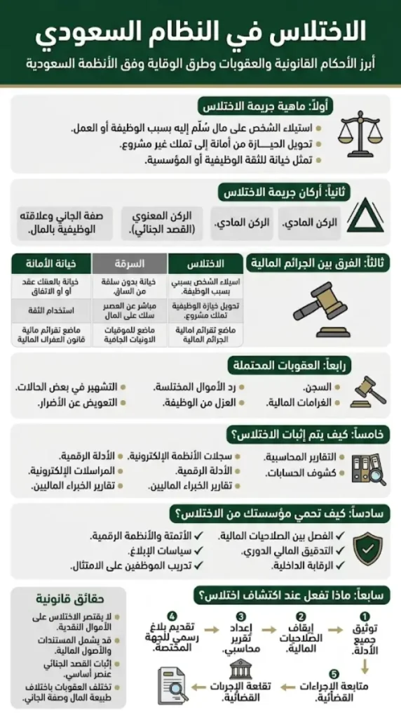 إنفوغرافيك يوضح الاختلاس في النظام السعودي، وأركان الجريمة، والعقوبات النظامية، والفرق بين الاختلاس والسرقة وخيانة الأمانة، وطرق إثبات الجريمة والوقاية منها.