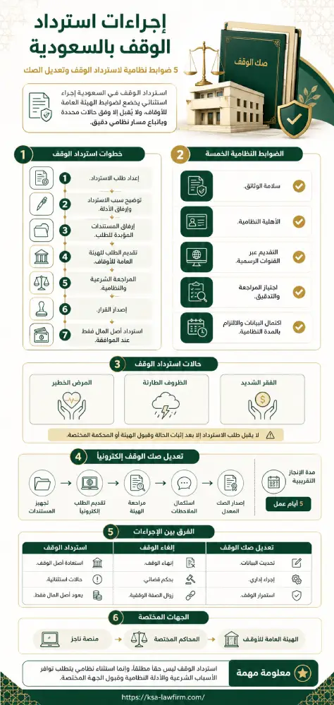 إنفوغرافيك يوضح إجراءات استرداد الوقف بالسعودية، وخطوات تقديم طلب الاسترداد، والضوابط النظامية الخمسة، والفرق بين استرداد الوقف وإلغائه وتعديل صك الوقف.