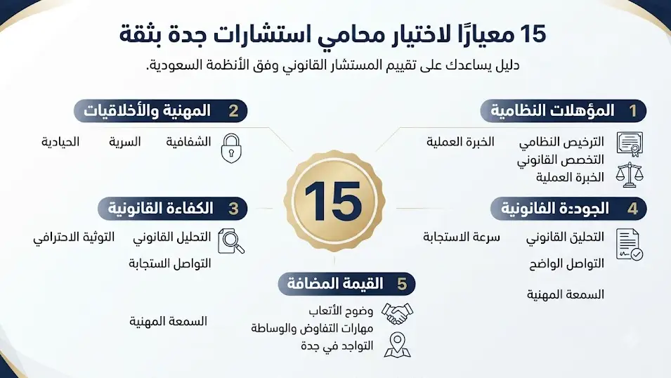 إنفوغرافيك محامي استشارات جدة يوضح 5 معايير من أصل 15 لاختيار المستشار القانوني، وأبرز الخدمات القانونية، وخطوات الحصول على استشارة قانونية وفق الأنظمة السعودية.
