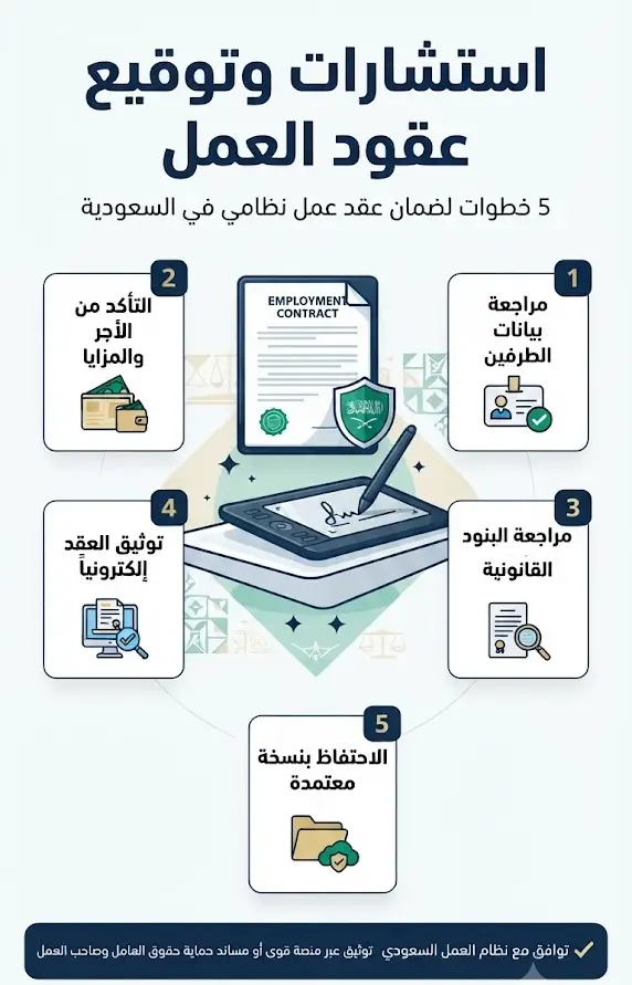 إنفو غرافيك يوضح خطوات استشارات و توقيع عقود العمل في السعودية، بدءاً من مراجعة بنود العقد وحتى توثيقه إلكترونياً عبر منصتي قوى أو مساند وفق نظام العمل السعودي.