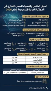 إنفوجرافيك يوضح إجراءات استخراج سجل تجاري في السعودية، متضماً الشروط، التغييرات الجديدة، الرسوم، والفرق بين السجل والترخيص.