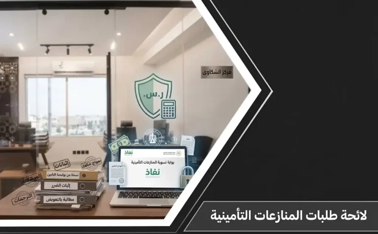 تصميم صورة بارزة لمقال لائحة الطلبات المنازعات التأمينية يظهر مكتب قانوني رقمي مع ملفات الأسانيد وميزان العدالة