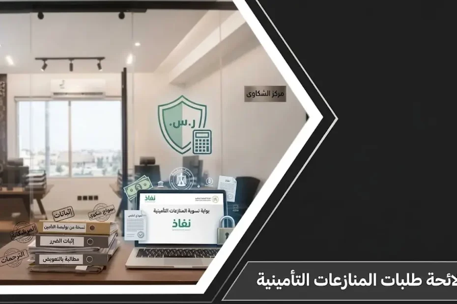 تصميم صورة بارزة لمقال لائحة الطلبات المنازعات التأمينية يظهر مكتب قانوني رقمي مع ملفات الأسانيد وميزان العدالة