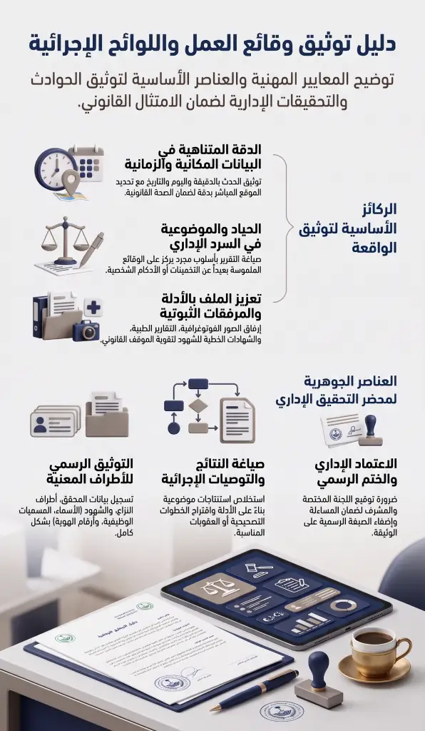 نموذج طلب تسجيل واقعة رسمي على مكتب عمل منظم يضم مستندات إدارية وأدوات توثيق مهنية في بيئة العمل السعودية.
