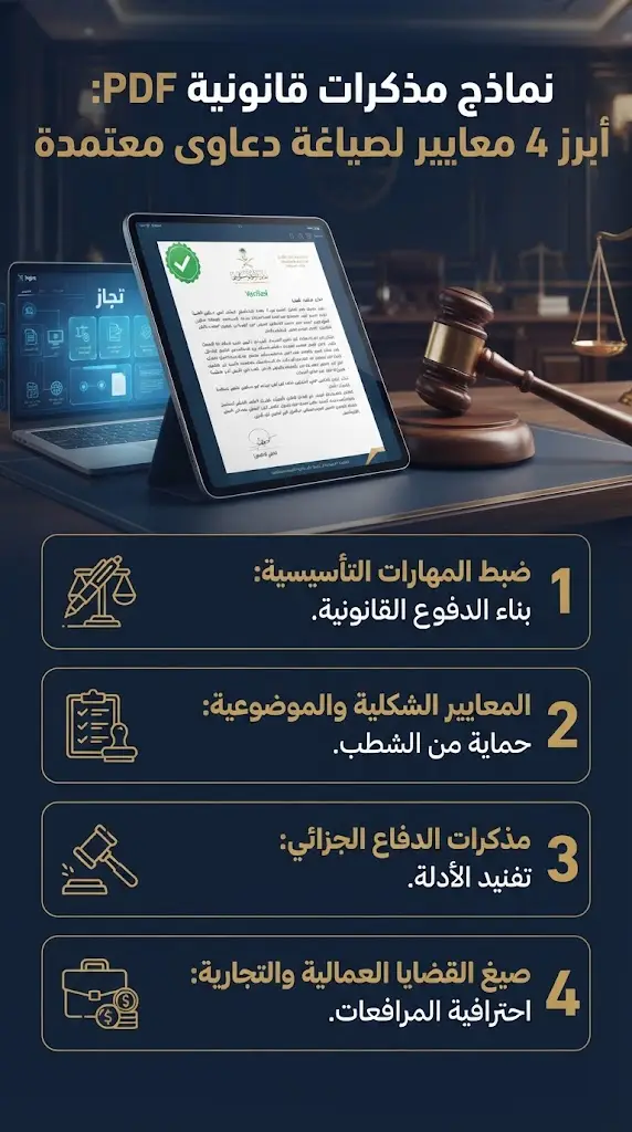 محامٍ سعودي يراجع صياغة مستند قانوني رقمي مستعيناً بـ نماذج مذكرات قانونية pdf جاهزة للتحميل.